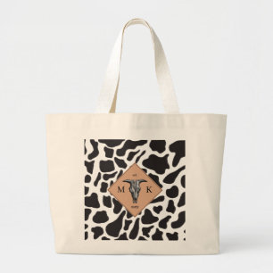 Black & White Cow Spot Animal Pattern Monogram Large Tote Bag
