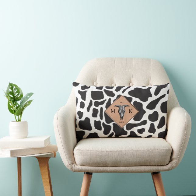 Black & White Cow Spot Animal Pattern Monogram Lumbar Pillow (Chair)