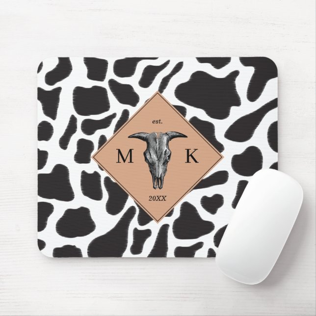 Black & White Cow Spot Animal Pattern Monogram Mouse Pad (With Mouse)