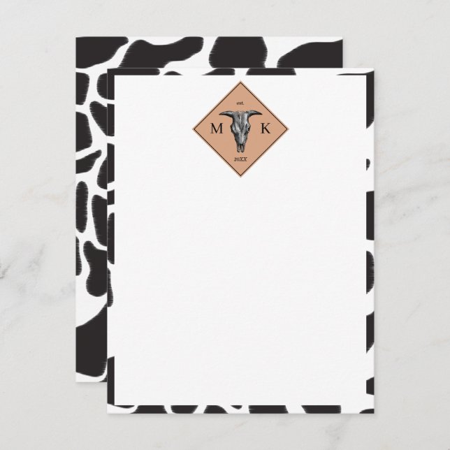 Black & White Cow Spot Animal Pattern Monogram Note Card (Front/Back)