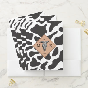 Black & White Cow Spot Animal Pattern Monogram Pocket Folder