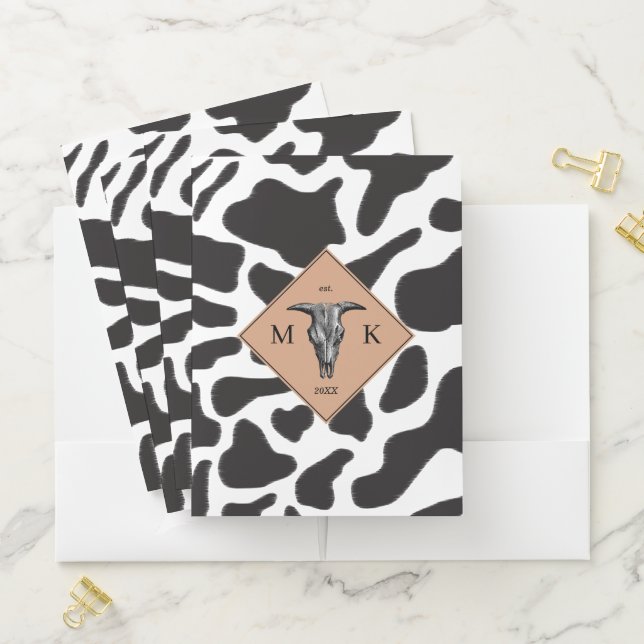 Black & White Cow Spot Animal Pattern Monogram Pocket Folder (In Situ)