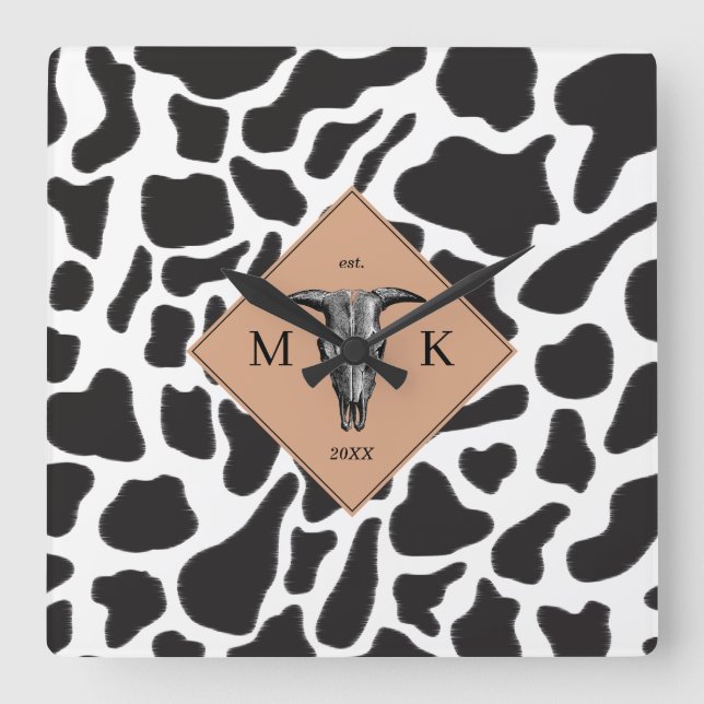 Black & White Cow Spot Animal Pattern Monogram Square Wall Clock (Front)