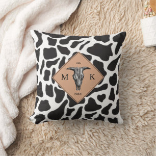 Black & White Cow Spot Animal Pattern Monogram Throw Pillow