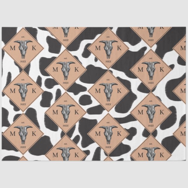 Black & White Cow Spot Animal Pattern Monogram Tissue Paper (Front)