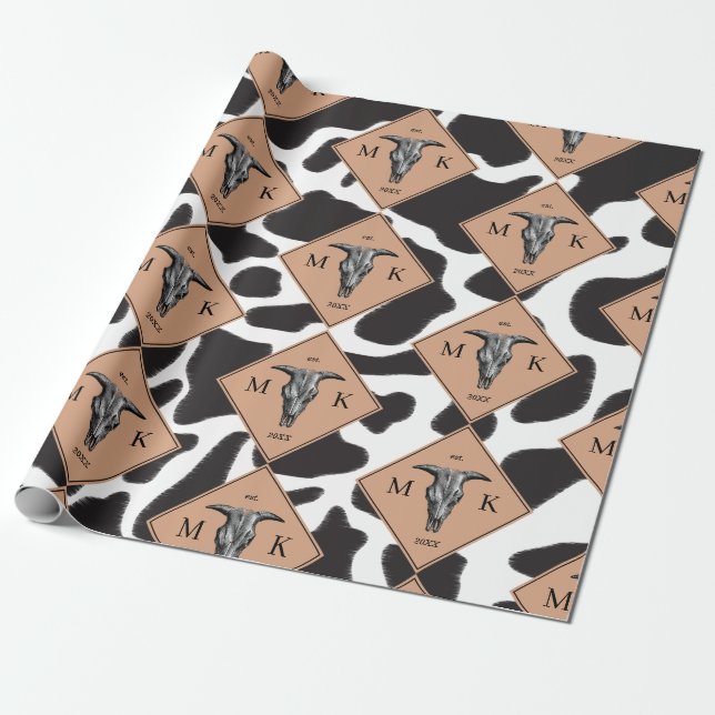 Black & White Cow Spot Animal Pattern Monogram Wrapping Paper (Unrolled)