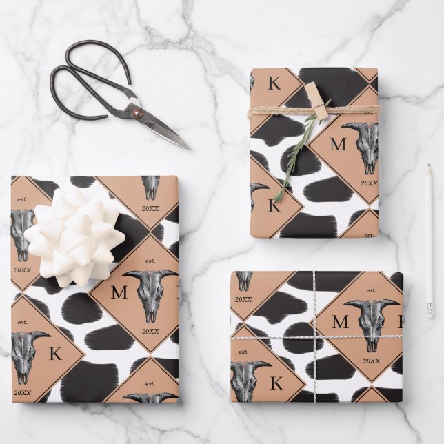 Black & White Cow Spot Animal Pattern Monogram Wrapping Paper Sheets (Front)