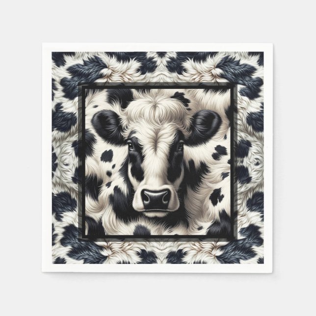 Black & White Cow Spots Furry Cowhide Birthday Napkins (Front)