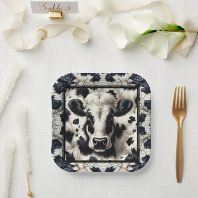 Black & White Cow Spots Furry Cowhide Birthday Paper Plates (Wedding)