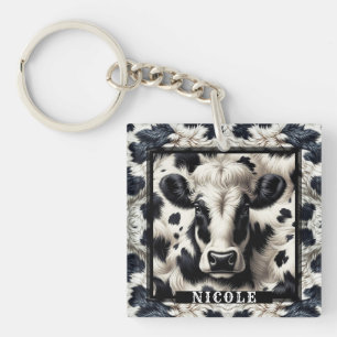 Black & White Cow Spots Furry Look Keychain