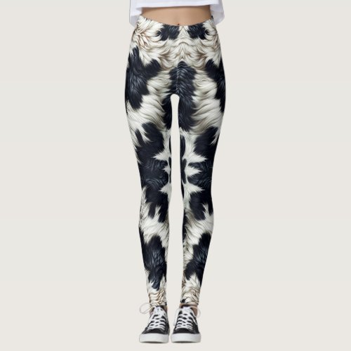 Black  White Cow Spots Furry Look Leggings