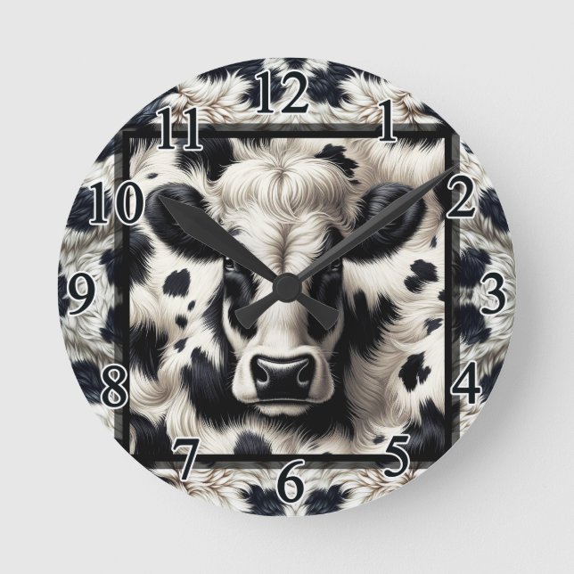 Black & White Cow Spots Furry Look Round Clock (Front)