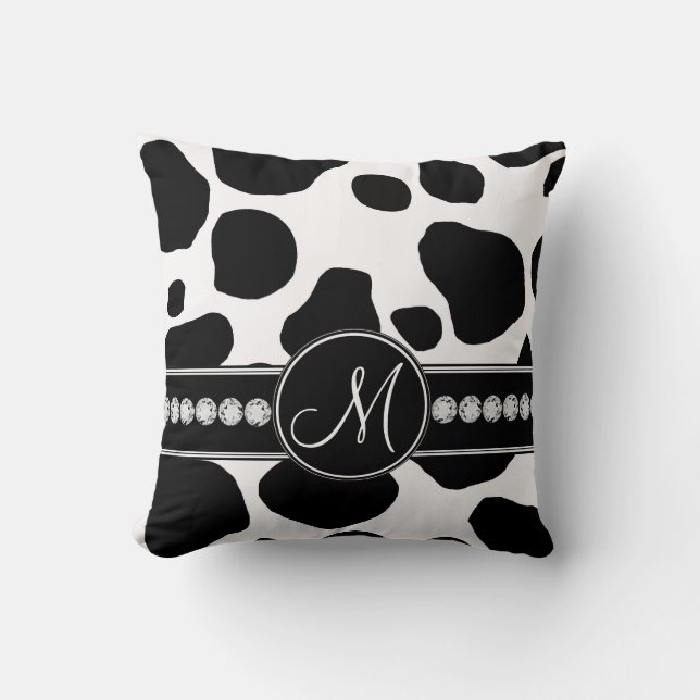 Black White Cow Spots Monogrammed Throw Pillow (Front)