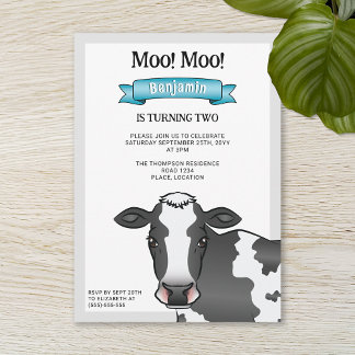 Black & White Cow With Blue Barnyard Farm Birthday Invitation