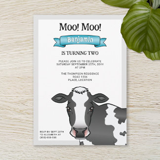 Black &amp; White Cow With Blue Barnyard Farm Birthday Invitation