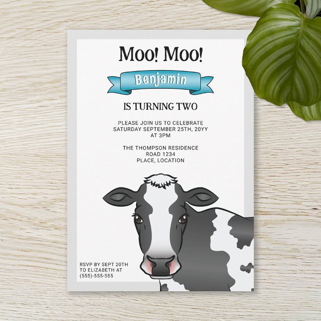 Black & White Cow With Blue Barnyard Farm Birthday Invitation (Creator Uploaded)