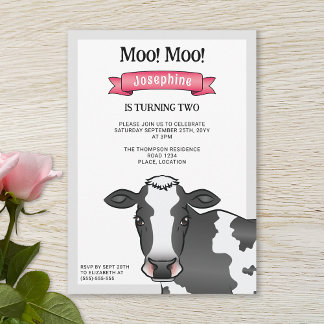 Black &amp; White Cow With Pink Barnyard Farm Birthday Invitation