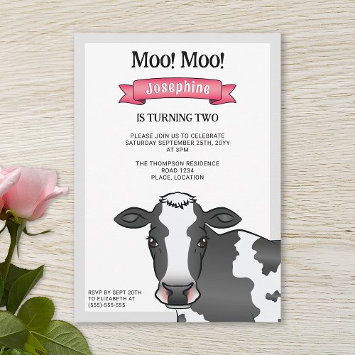 Black  White Cow With Pink Barnyard Farm Birthday Invitation