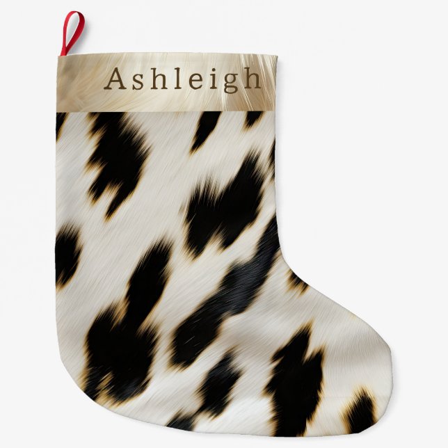 Black White Cowhide Large Christmas Stocking (Front)