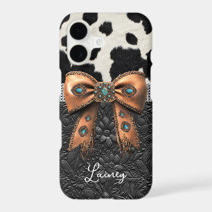 Black White Cowhide Leather Jewelled Bow iPhone 17 Case