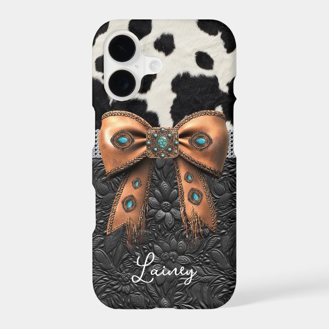Black White Cowhide Leather Jewelled Bow Case-Mate iPhone Case (Back)