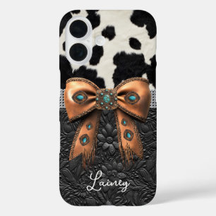 Black White Cowhide Leather Jewelled Bow iPhone 16 Case