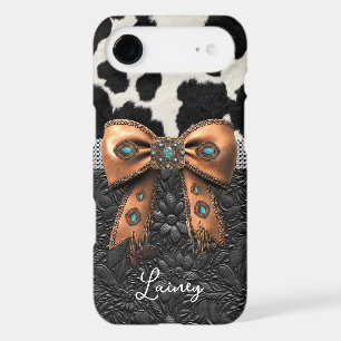 Black White Cowhide Leather Jewelled Bow iPhone 17 Air Case
