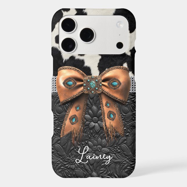 Black White Cowhide Leather Jewelled Bow Case-Mate iPhone Case (Back)