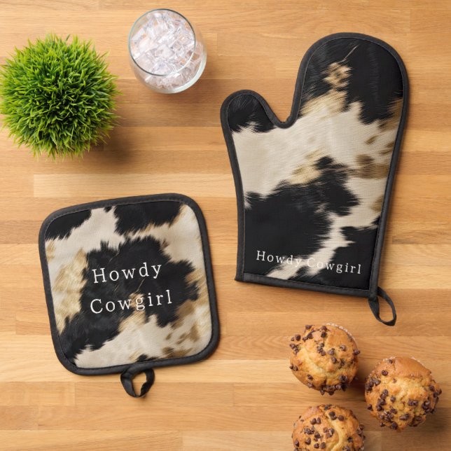 Black White Cowhide Oven Mitt & Pot Holder Set (Top Down)
