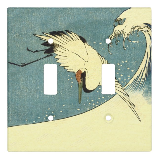 Black White Crane Bird Flying Over Ocean Wave Blue Light Switch Cover (Front)
