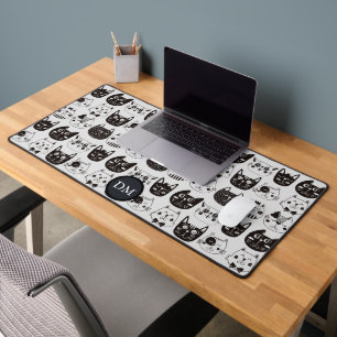 Black White Crazy Cat Faces Monogram Desk Mat
