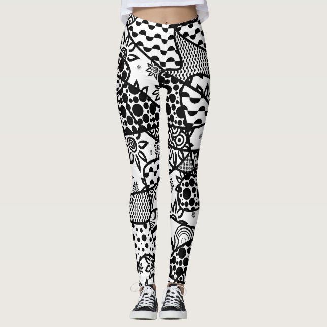 Black & White Crazy, Unique, Retro Patterns 3 Leggings (Front)