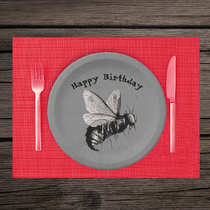 Black White Creepy Gothic Bee Skull wings Grey Paper Plates