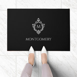 Black & White Crest Elegant Monogram Initial Name Doormat