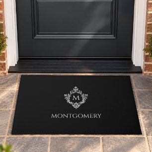 Black & White Crest Elegant Monogram Initial Name Doormat