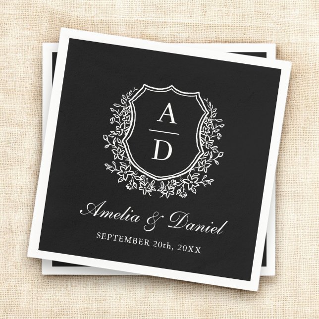Black White Crest Elegant Monogram Wedding  Napkins (Creator Uploaded)