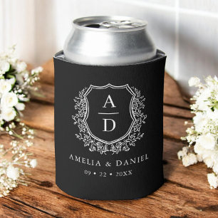 Black White Crest Modern Monogram Wedding Can Cooler