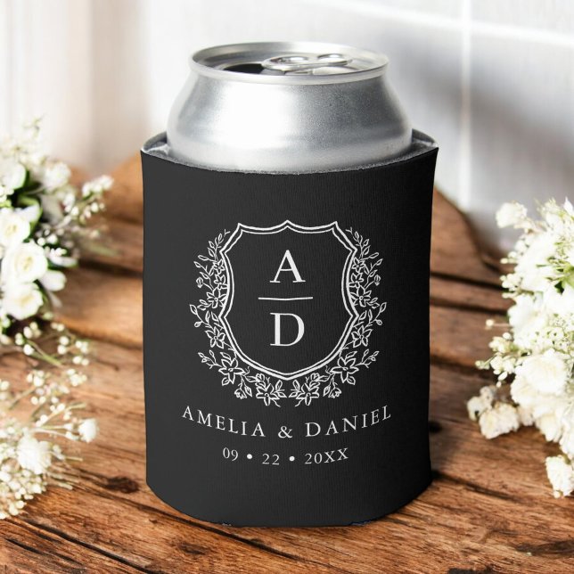 Black White Crest Modern Monogram Wedding  Can Cooler (Creator Uploaded)