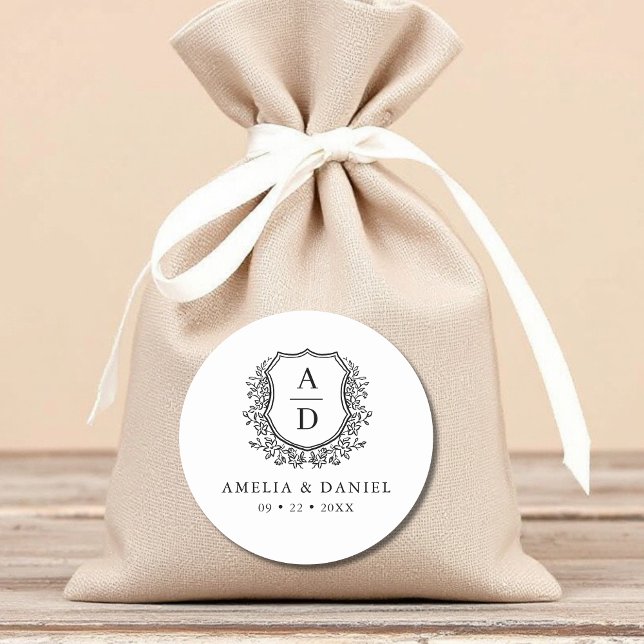 Black White Crest Modern Monogram Wedding  Classic Round Sticker (Creator Uploaded)