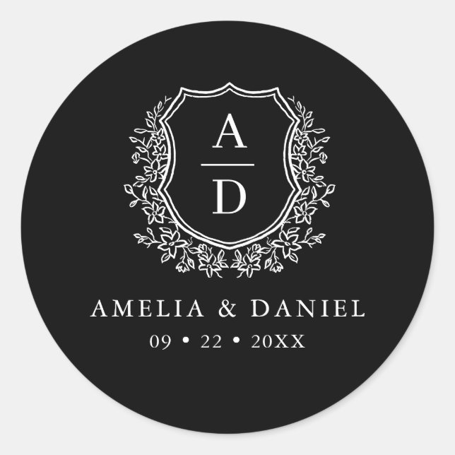 Black White Crest Modern Monogram Wedding  Classic Round Sticker (Front)