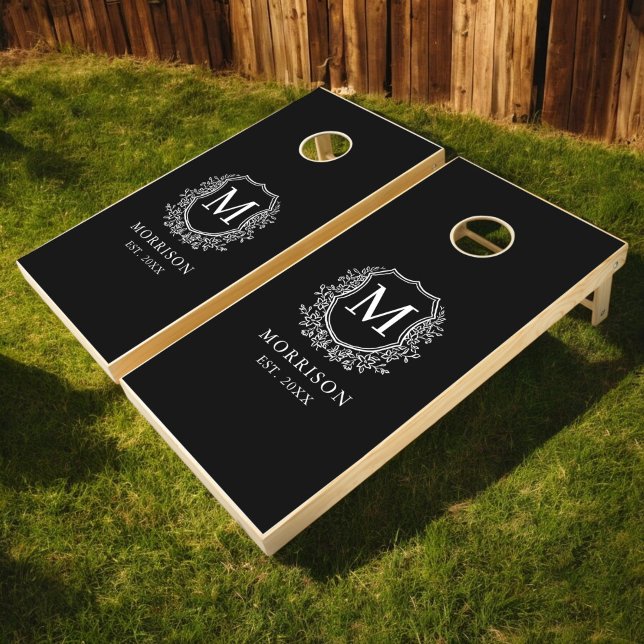 Black White Crest Modern Monogram Wedding  Cornhole Set (Creator Uploaded)