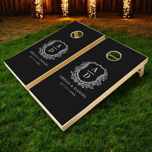 Black White Crest Modern Monogram Wedding  Cornhole Set (Creator Uploaded)
