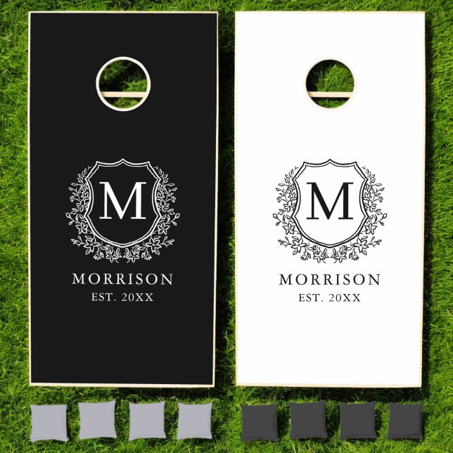 Black White Crest Modern Monogram Wedding  Cornhole Set (Creator Uploaded)
