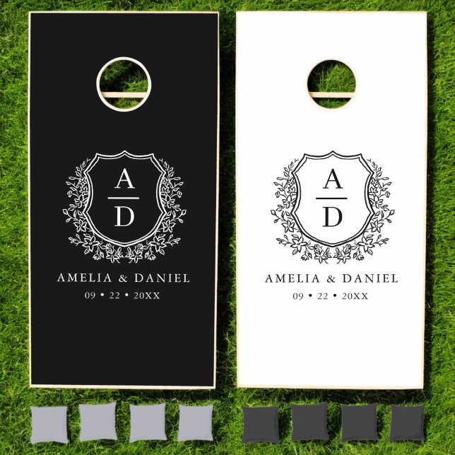 Black White Crest Modern Monogram Wedding  Cornhole Set (Creator Uploaded)