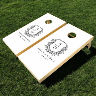 Black White Crest Modern Monogram Wedding Cornhole Set