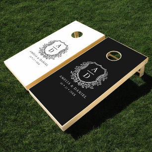 Black White Crest Modern Monogram Wedding Cornhole Set
