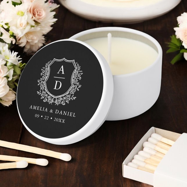 Black White Crest Modern Monogram Wedding  Mini Candle Favors (Creator Uploaded)