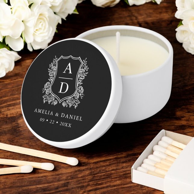 Black White Crest Modern Monogram Wedding  Mini Candle Favors (Creator Uploaded)