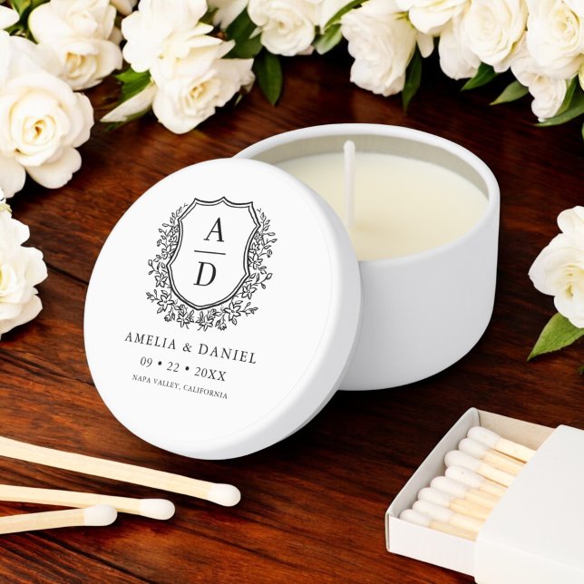 Black White Crest Modern Monogram Wedding  Mini Candle Favors (Creator Uploaded)