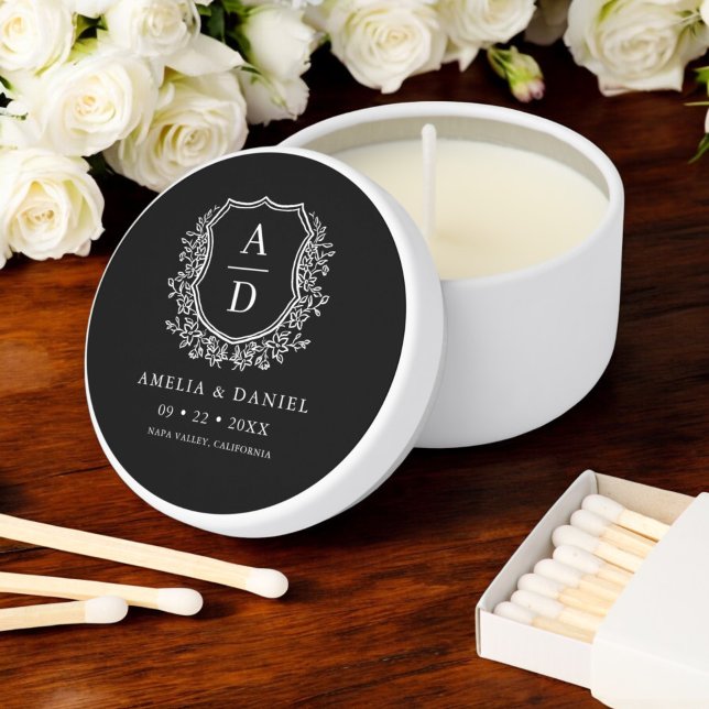 Black White Crest Modern Monogram Wedding  Mini Candle Favors (Creator Uploaded)